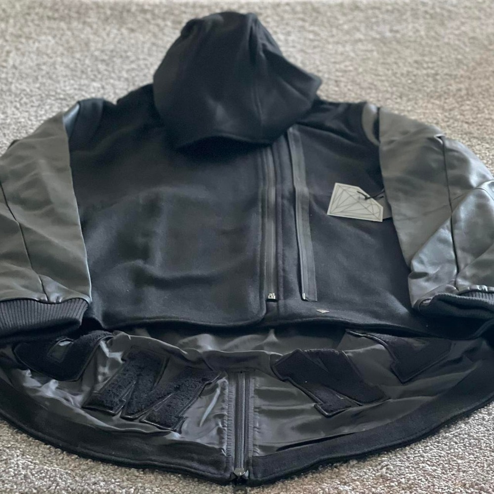 Diamond Supply Co Mens Black Wool Faux Leather Hooded Varsity Jacket Large NEW